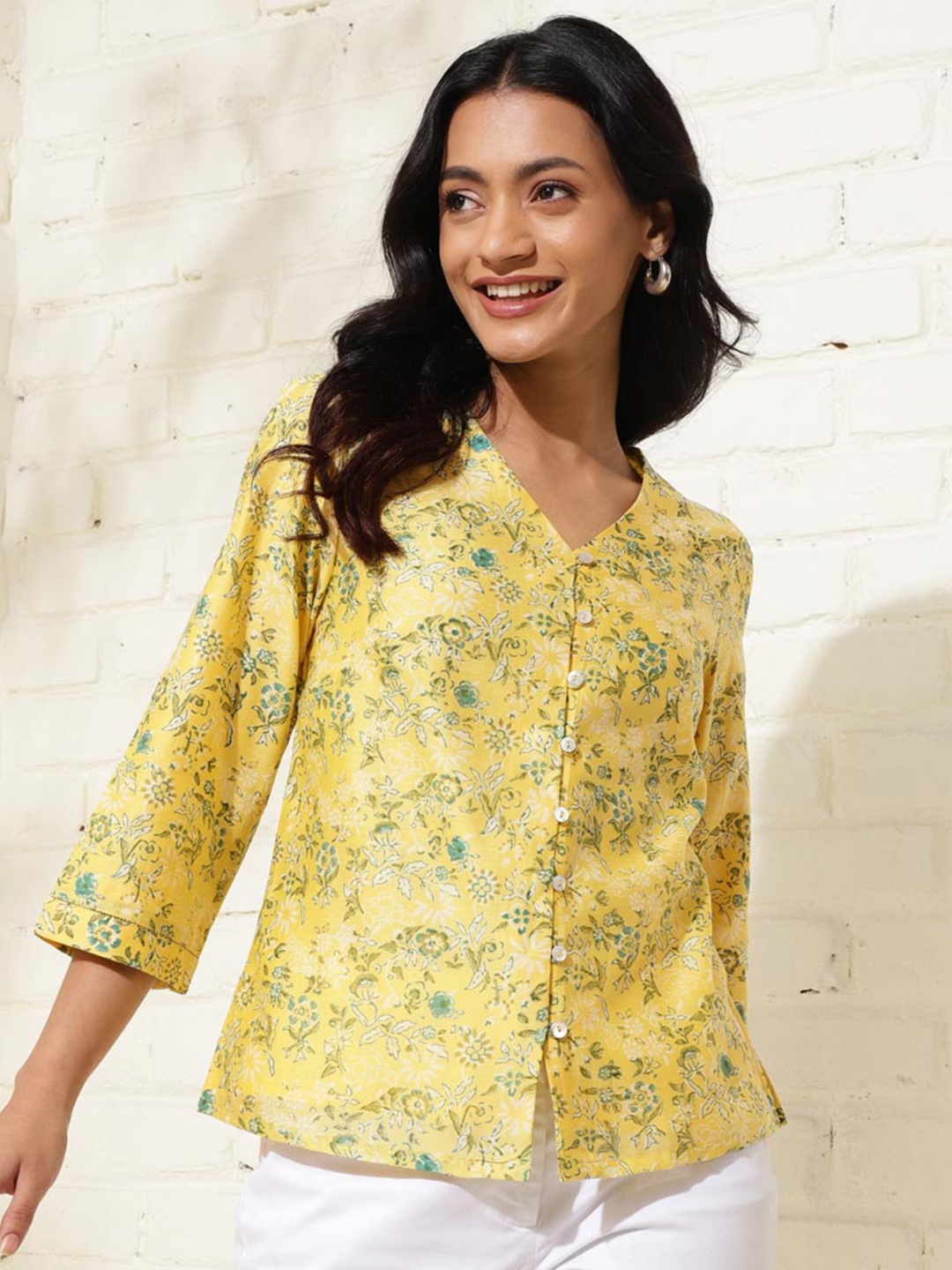 

Fabindia Floral Printed Cotton Silk Top, Yellow