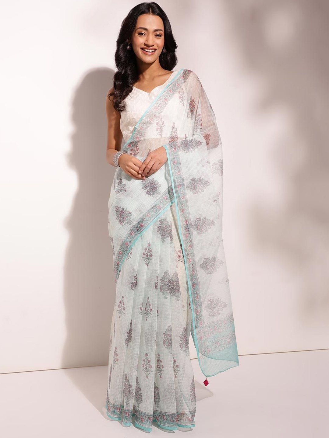 

Fabindia Ethnic Motifs Silk Cotton Saree, Turquoise blue