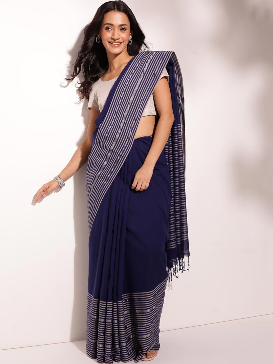 

Fabindia Striped Cotton blend Saree, Blue