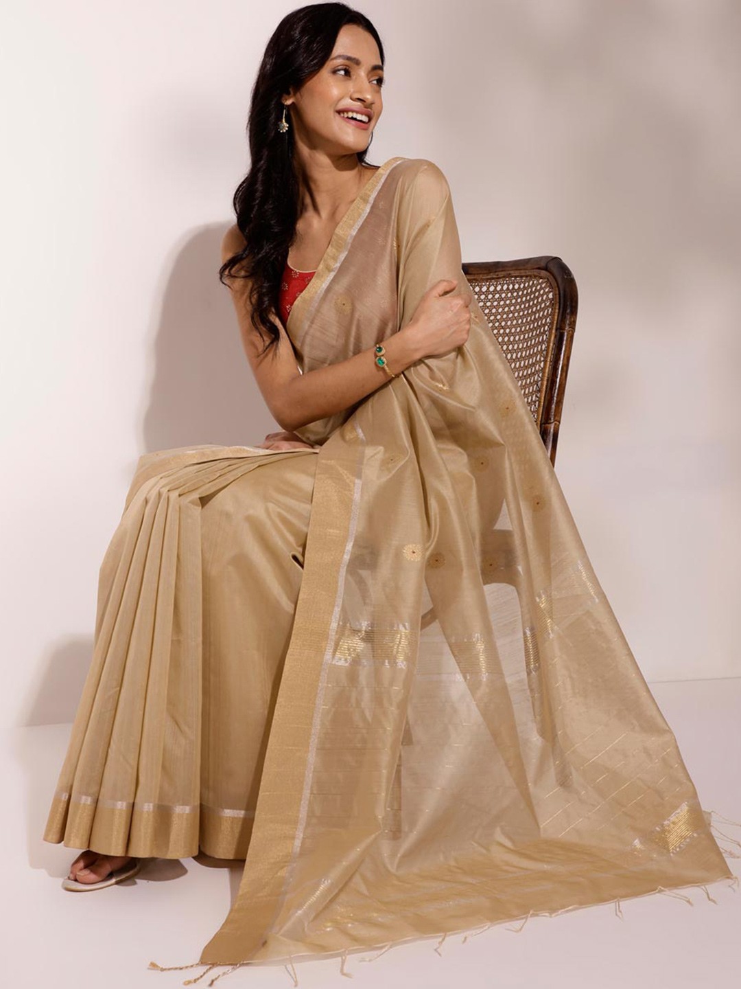 

Fabindia Woven Design Zari Silk Cotton Saree, Beige