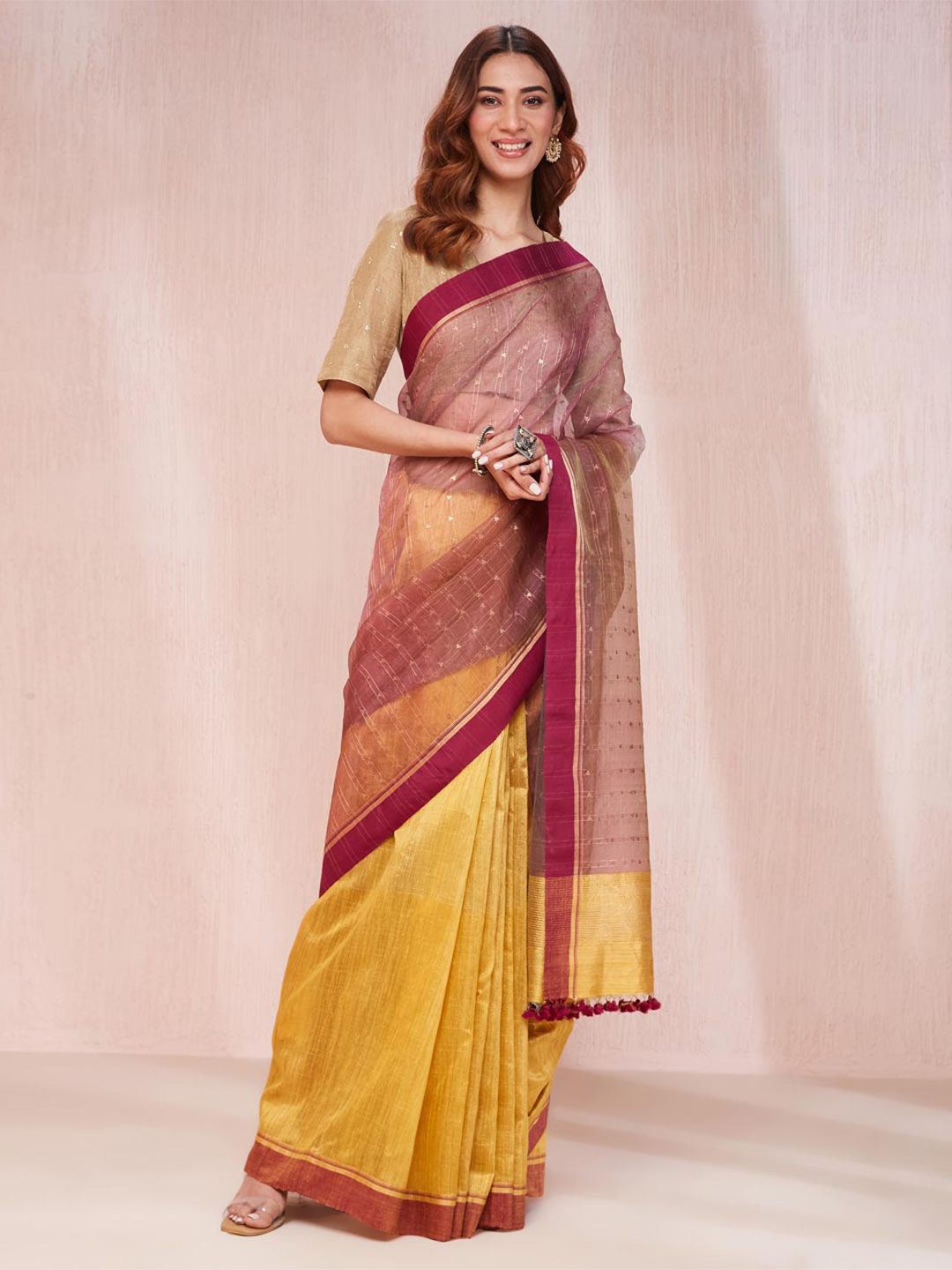 

Fabindia Woven Design Silk Blend Saree, Mustard