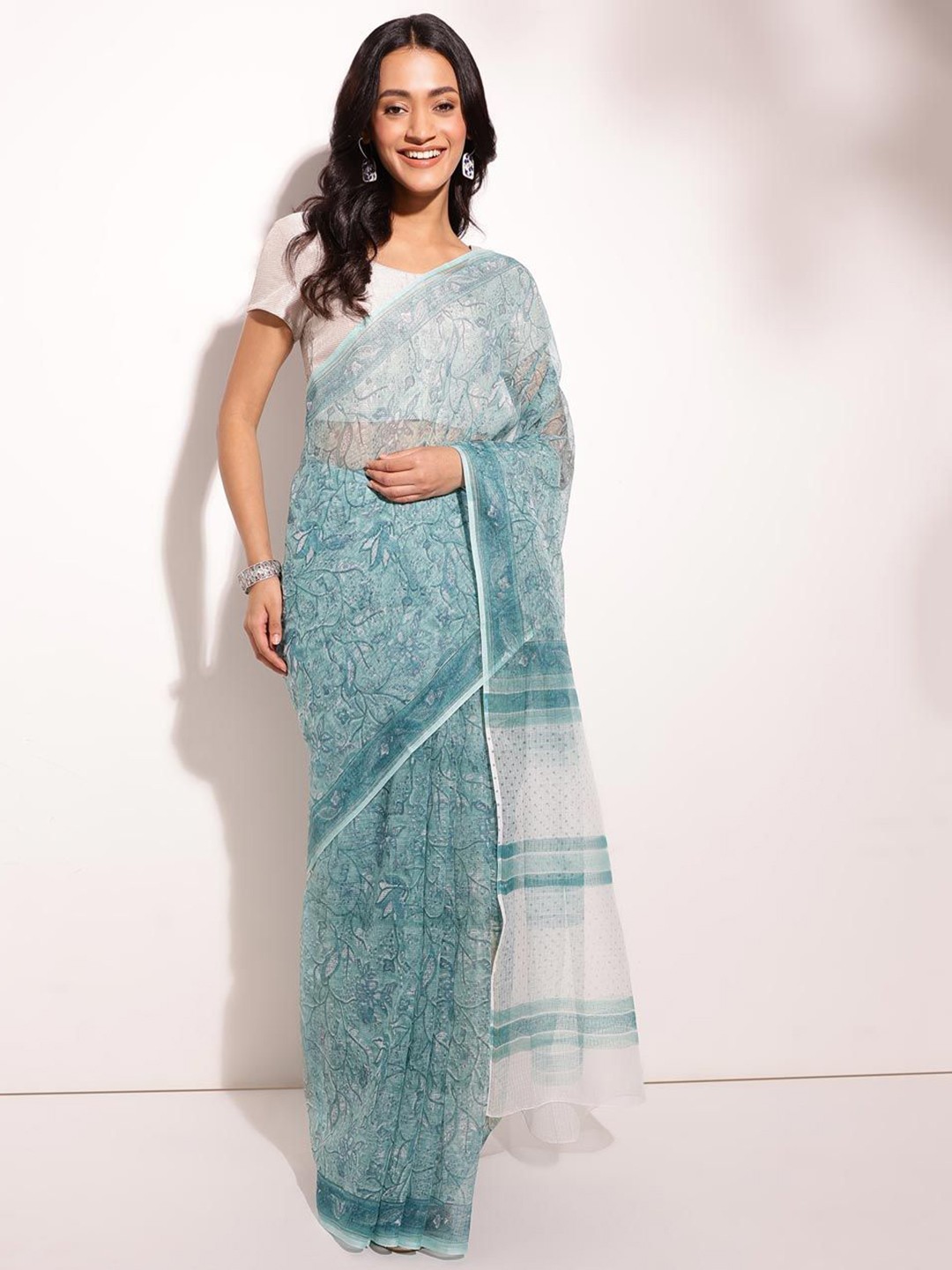 

Fabindia Ethnic Motifs Silk Cotton Block Print Saree, Green