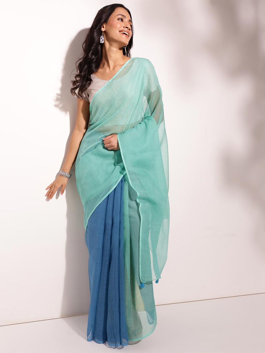 

Fabindia Checked Silk Cotton Saree, Blue