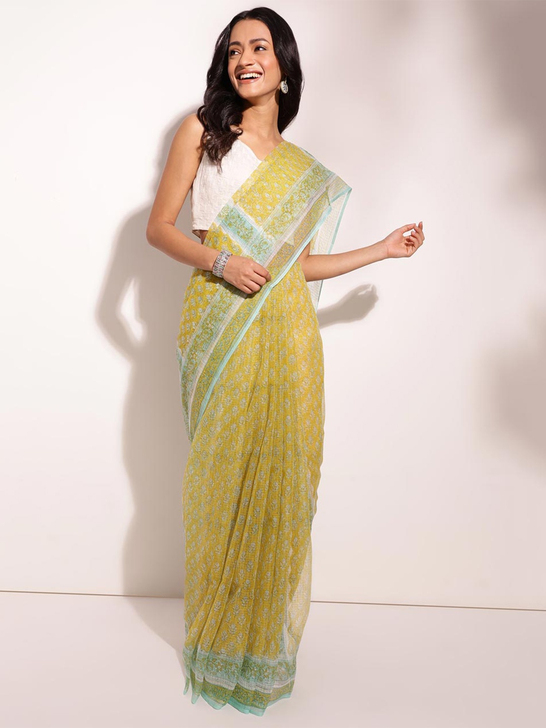 

Fabindia Ethnic Motifs Silk Cotton Saree, Lime green