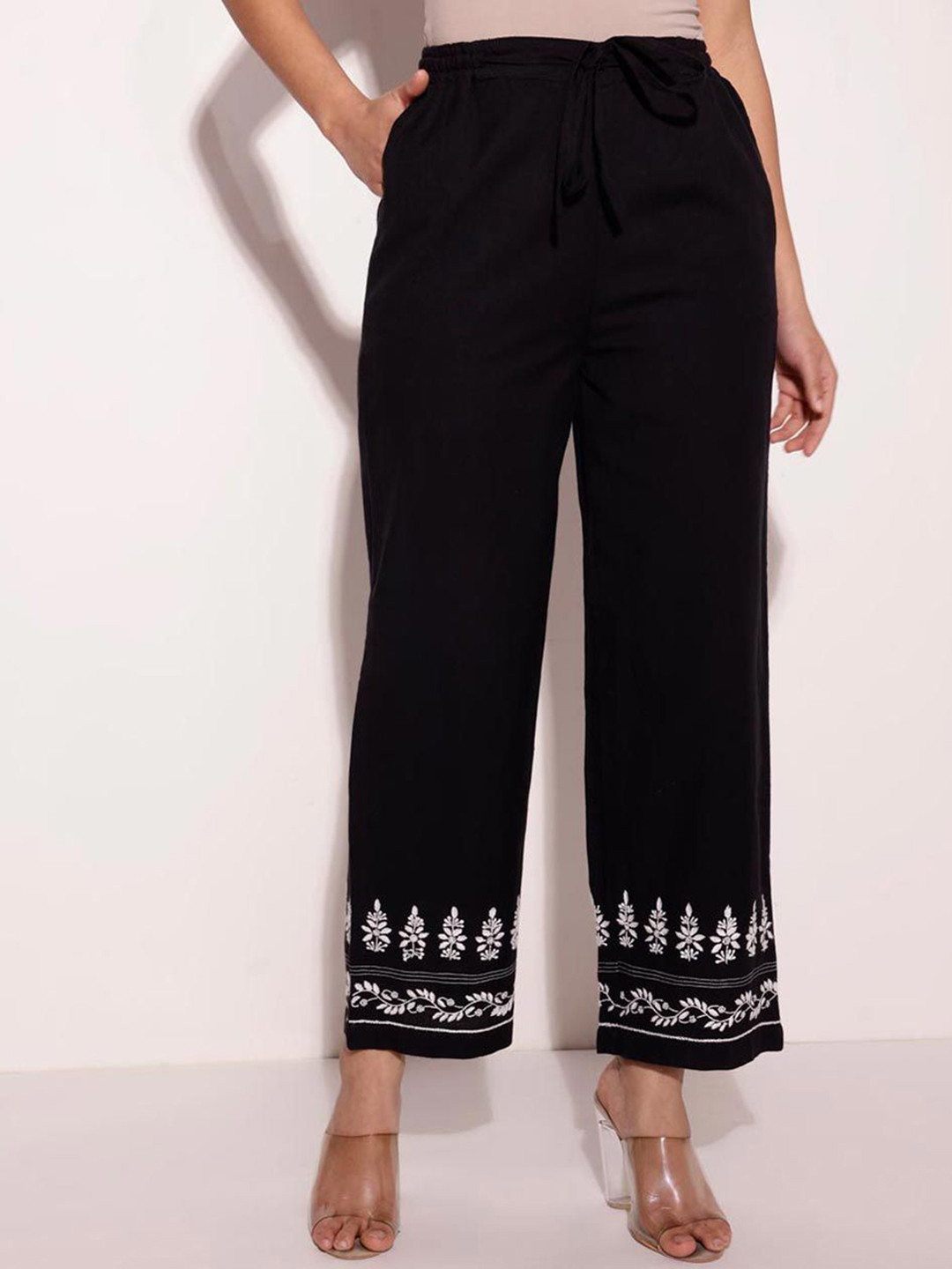 

Fabindia Women Cotton Chikankari Regular Casual Trousers, Black