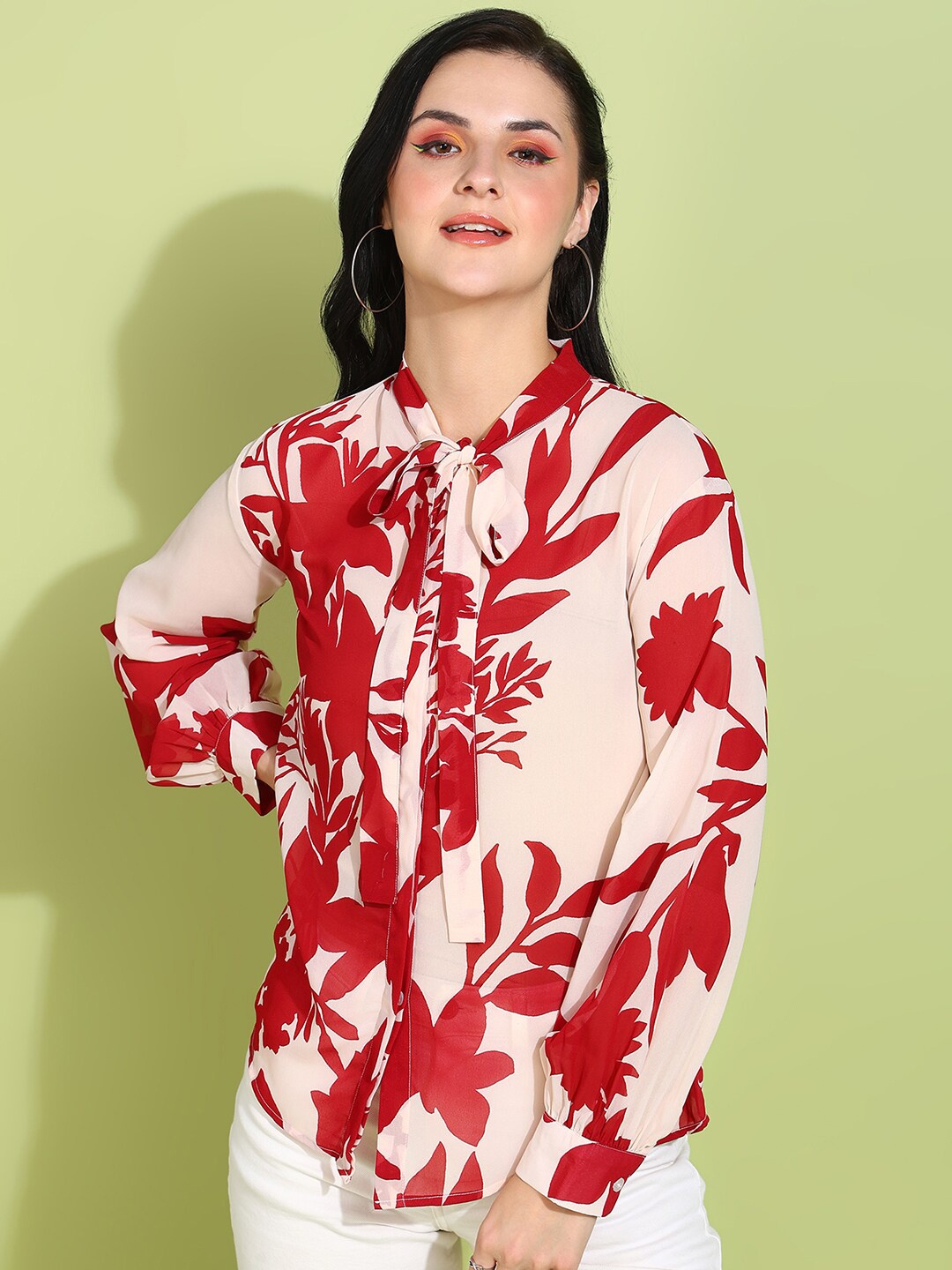

Fashfun Classic Floral Printed Tie-up Neck Semi Sheer Georgette Shirt, Cream