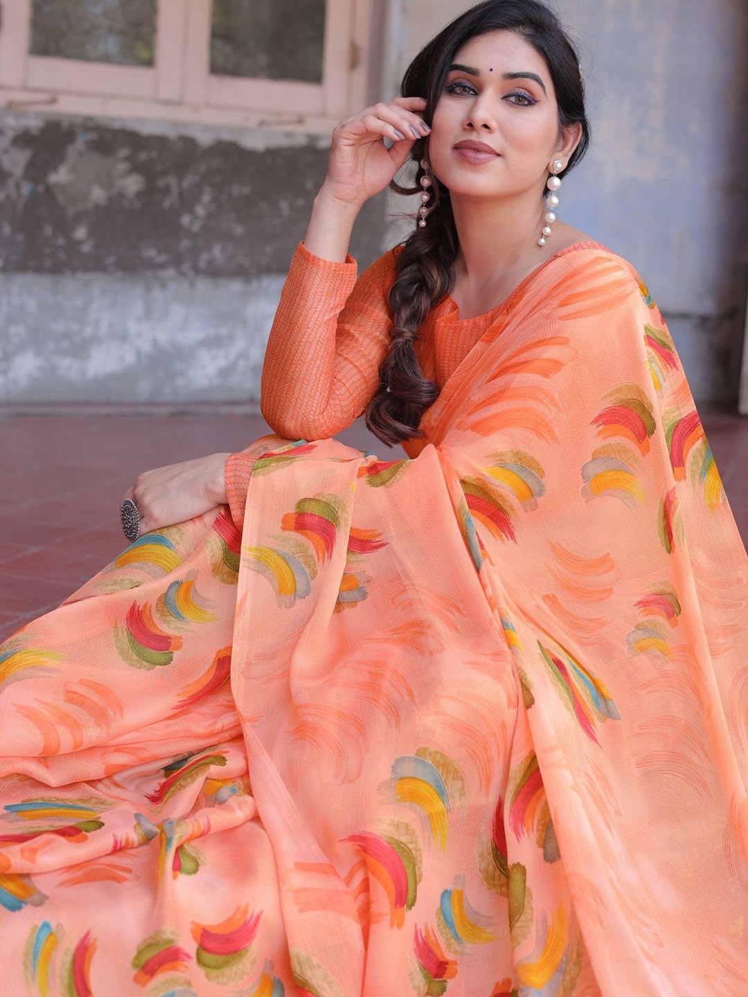 

KALINI Poly Chiffon Saree, Orange