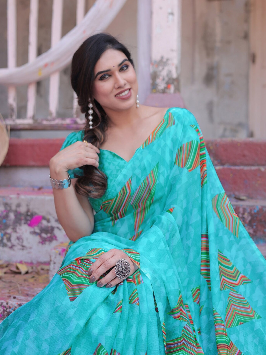 

KALINI Geometric Print Poly Chiffon Saree, Turquoise blue