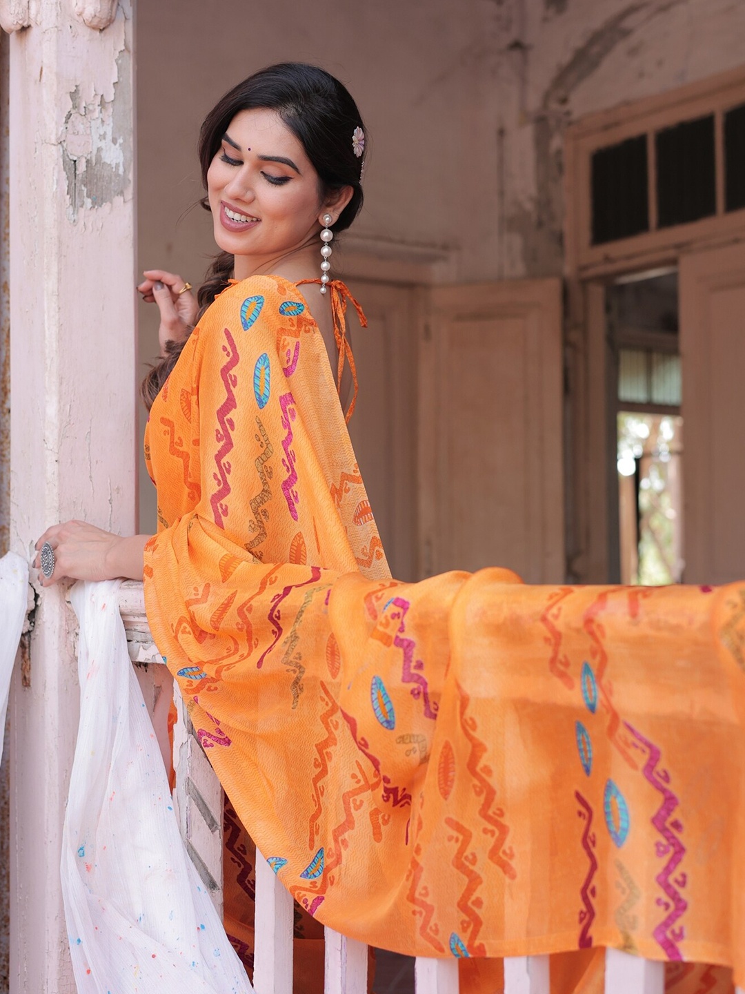 KALINI Poly Chiffon Saree, Orange
