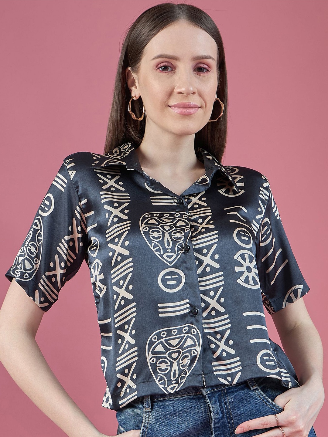 

DressBerry Relaxed Bandhani Printed Half Sleeve Shirt, Grey