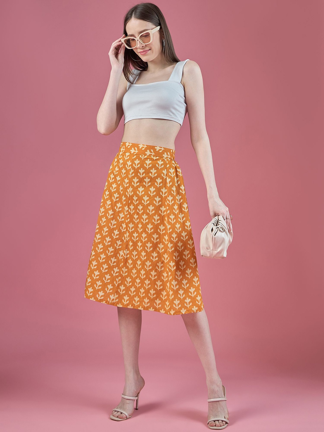 

DressBerry Women Pure Cotton Midi Skirt, Yellow