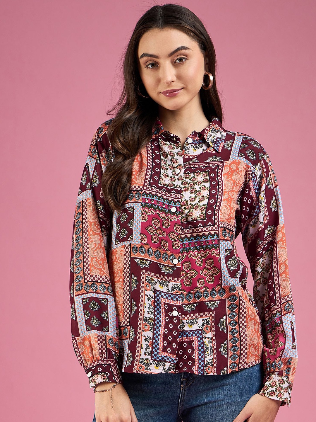 

DressBerry Red Smart Ethnic Motifs Printed Crepe Casual Shirt