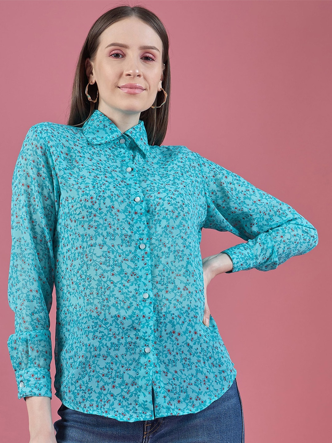 

DressBerry Smart Turquoise Blue Floral Print Spread Collar Semi Sheer Chiffon Casual Shirt