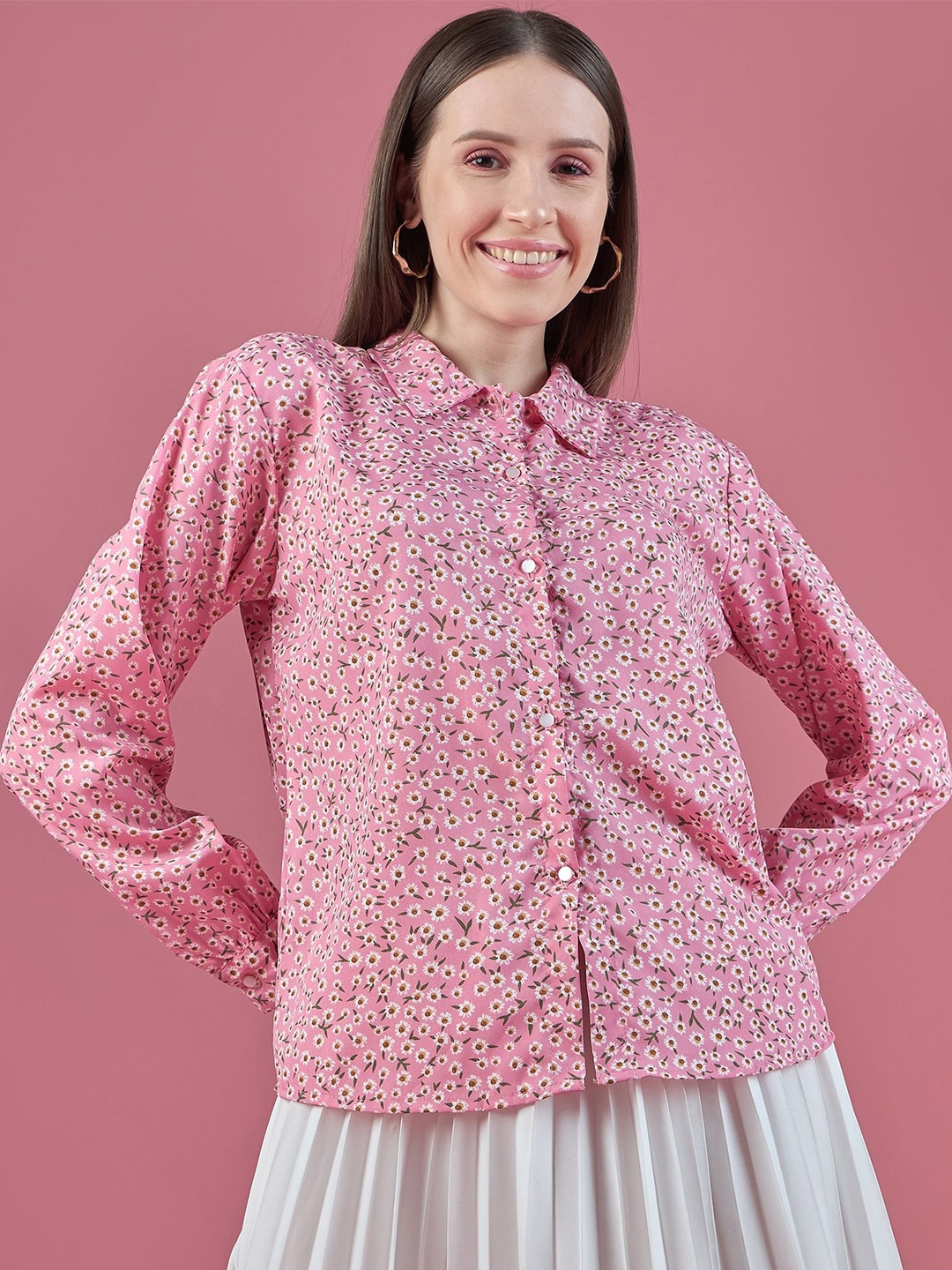 

DressBerry Pink Smart Floral Printed Crepe Casual Shirt