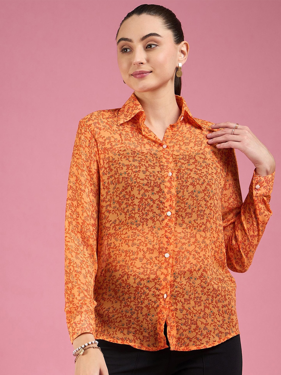 

DressBerry Smart Semi Sheer Floral Printed Georgette Shirt, Orange