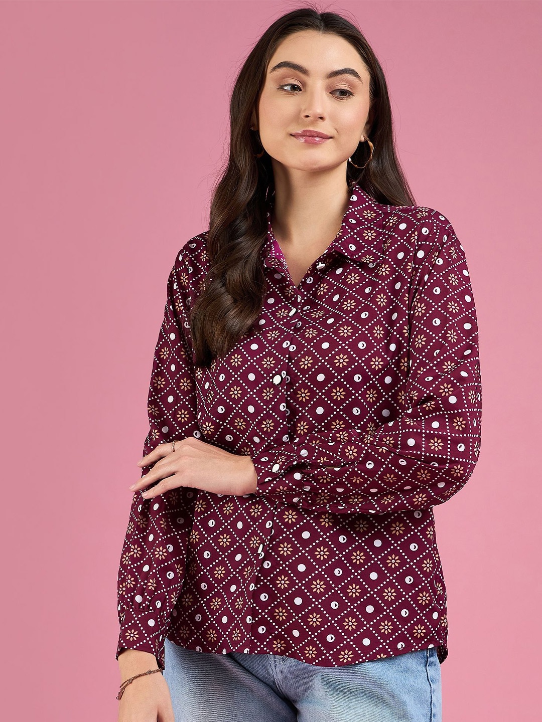 

DressBerry Maroon Smart Polka Dot Printed Crepe Casual Shirt