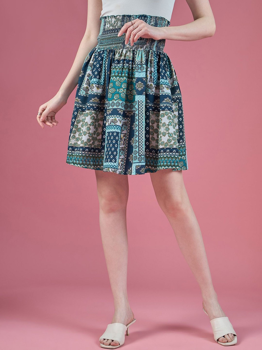 

DressBerry Floral Printed Flared Mini Skirt, Green