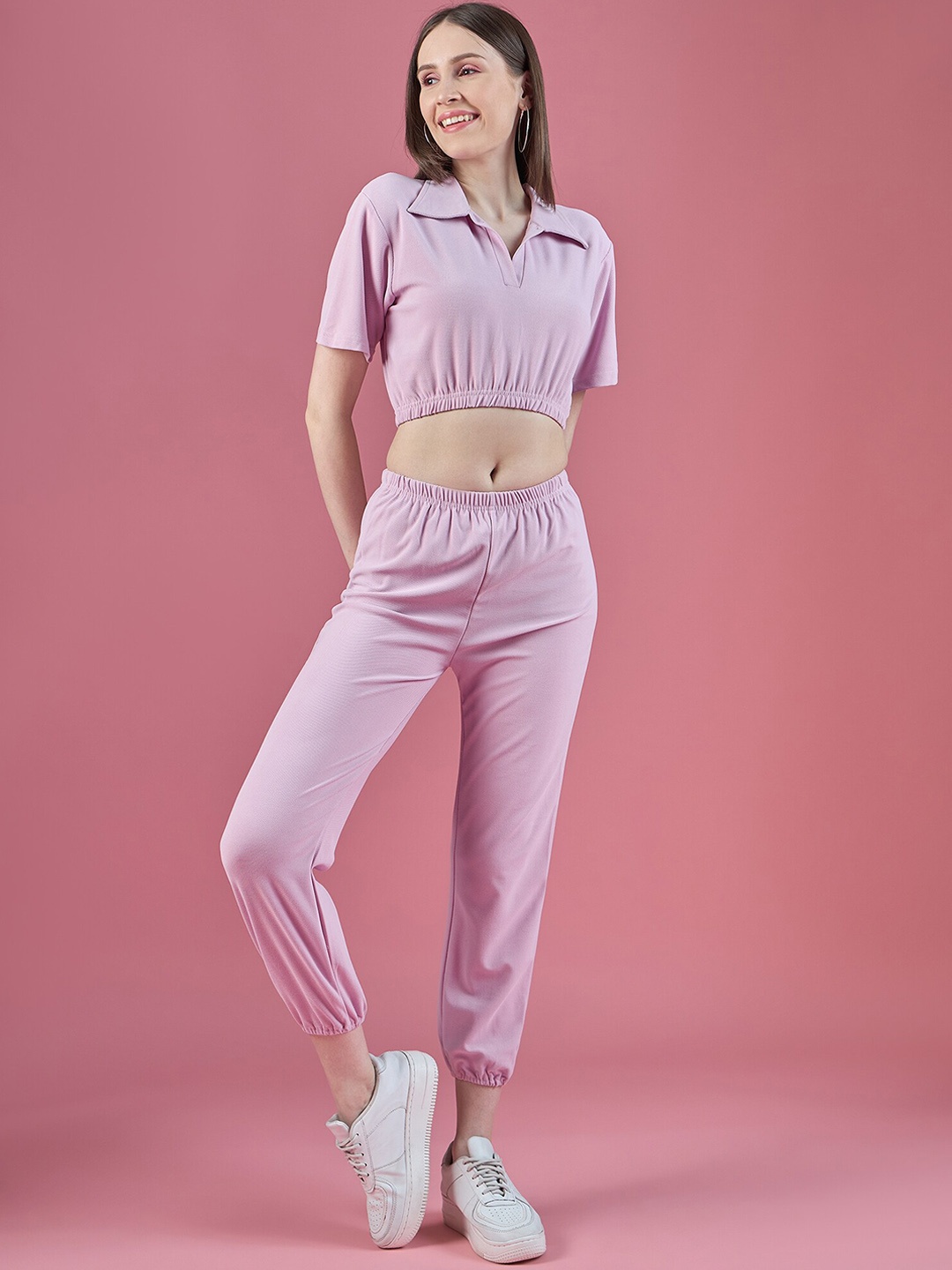 

DressBerry Women Solid Collar Neck Top With Joggers Co-Ords, Pink