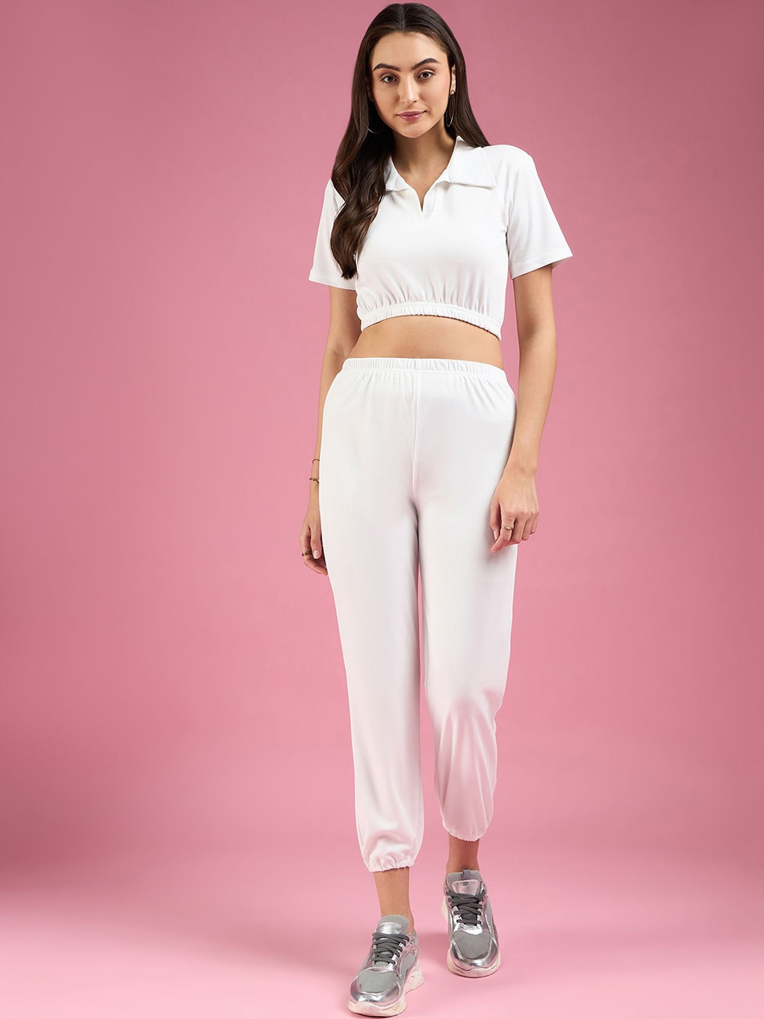 

DressBerry Women Collar Neck Shirt With Cuffed Joggers Co-Ords, White