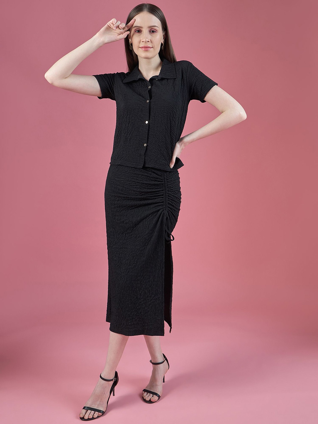 

DressBerry Women Self Design Shirt with Long Slit Skirt Co-Ords Set, Black