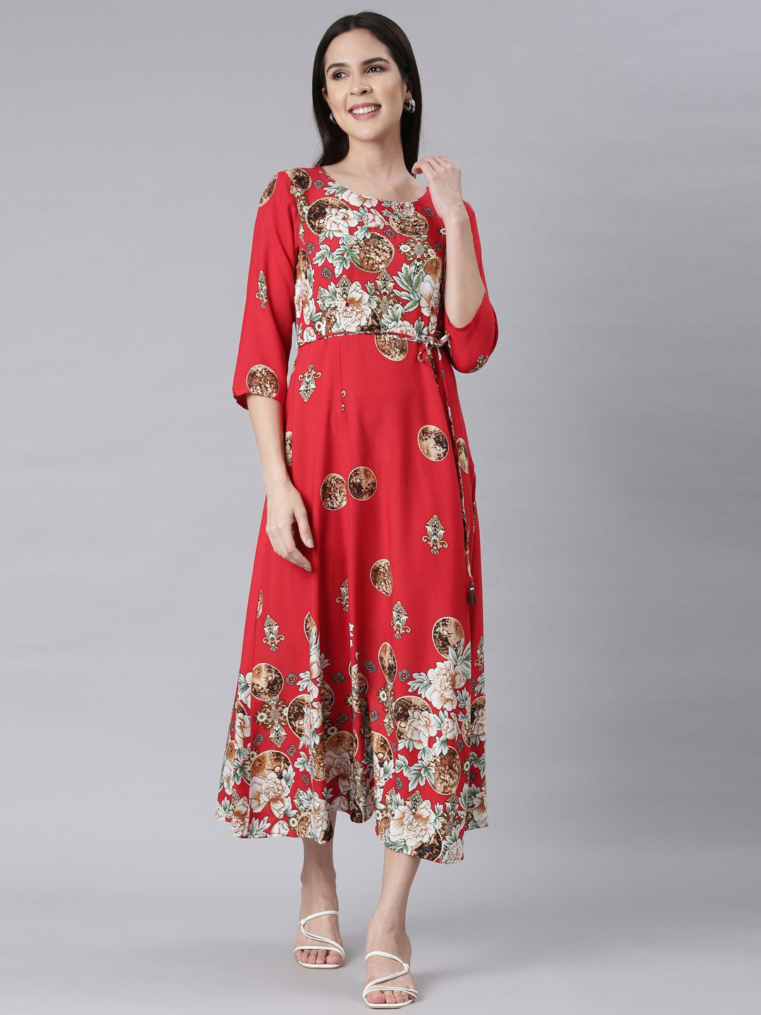 

Neerus Floral Print Round Neck A-Line Midi Dress, Red