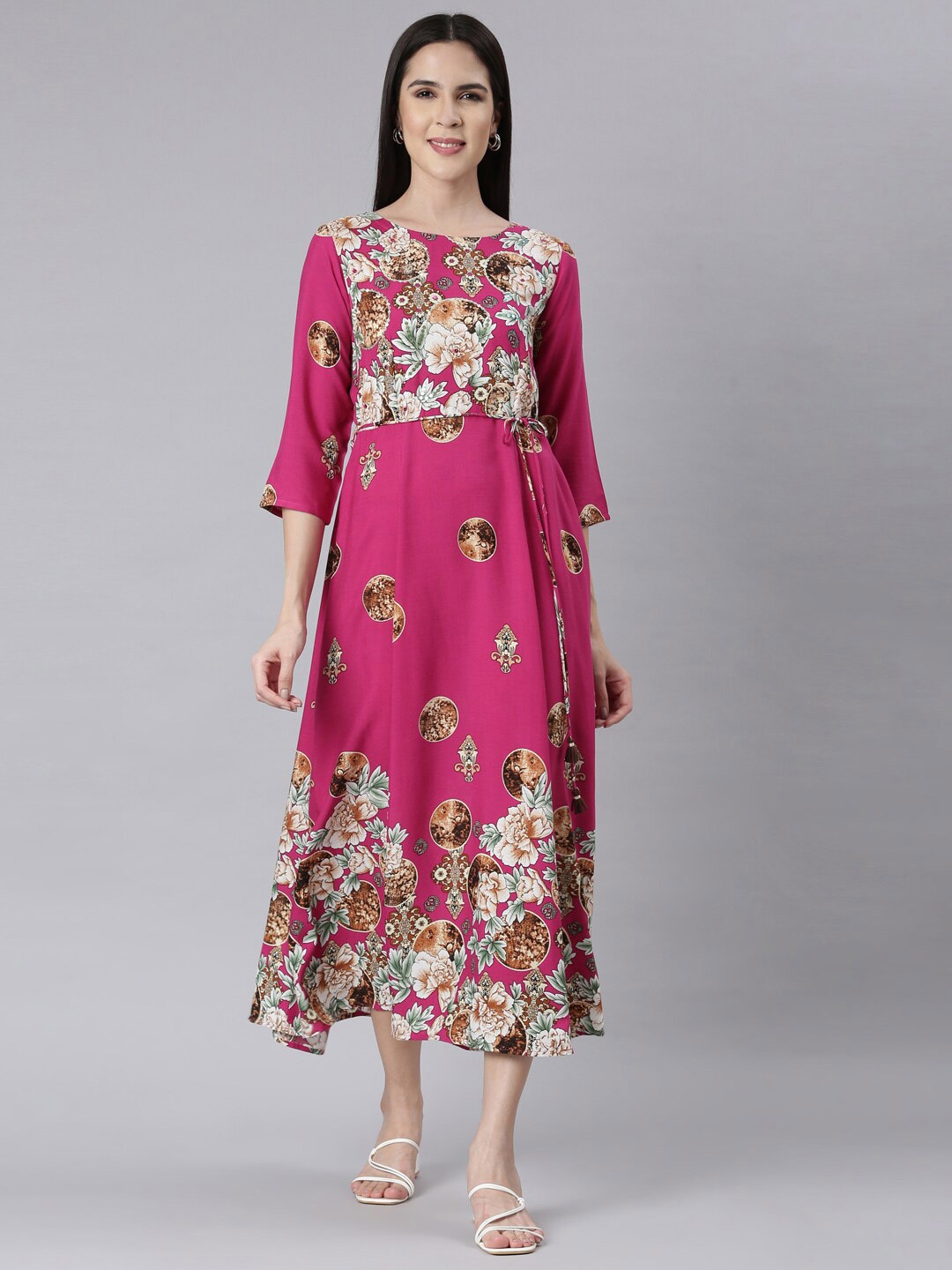 

Neerus Floral Print Round Neck A-Line Midi Dress, Magenta