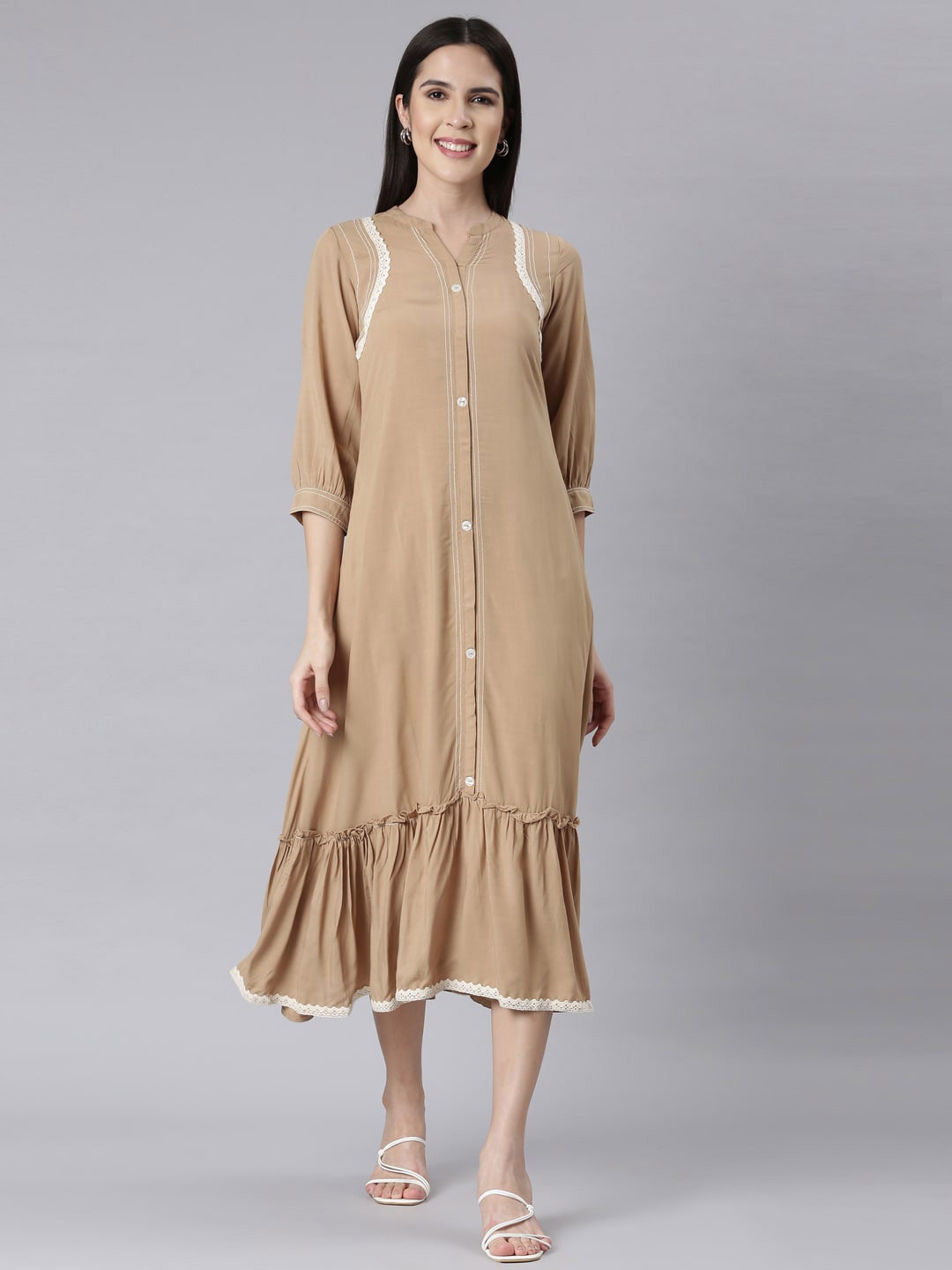 

Neerus Band Collar A-Line Midi Dress, Beige