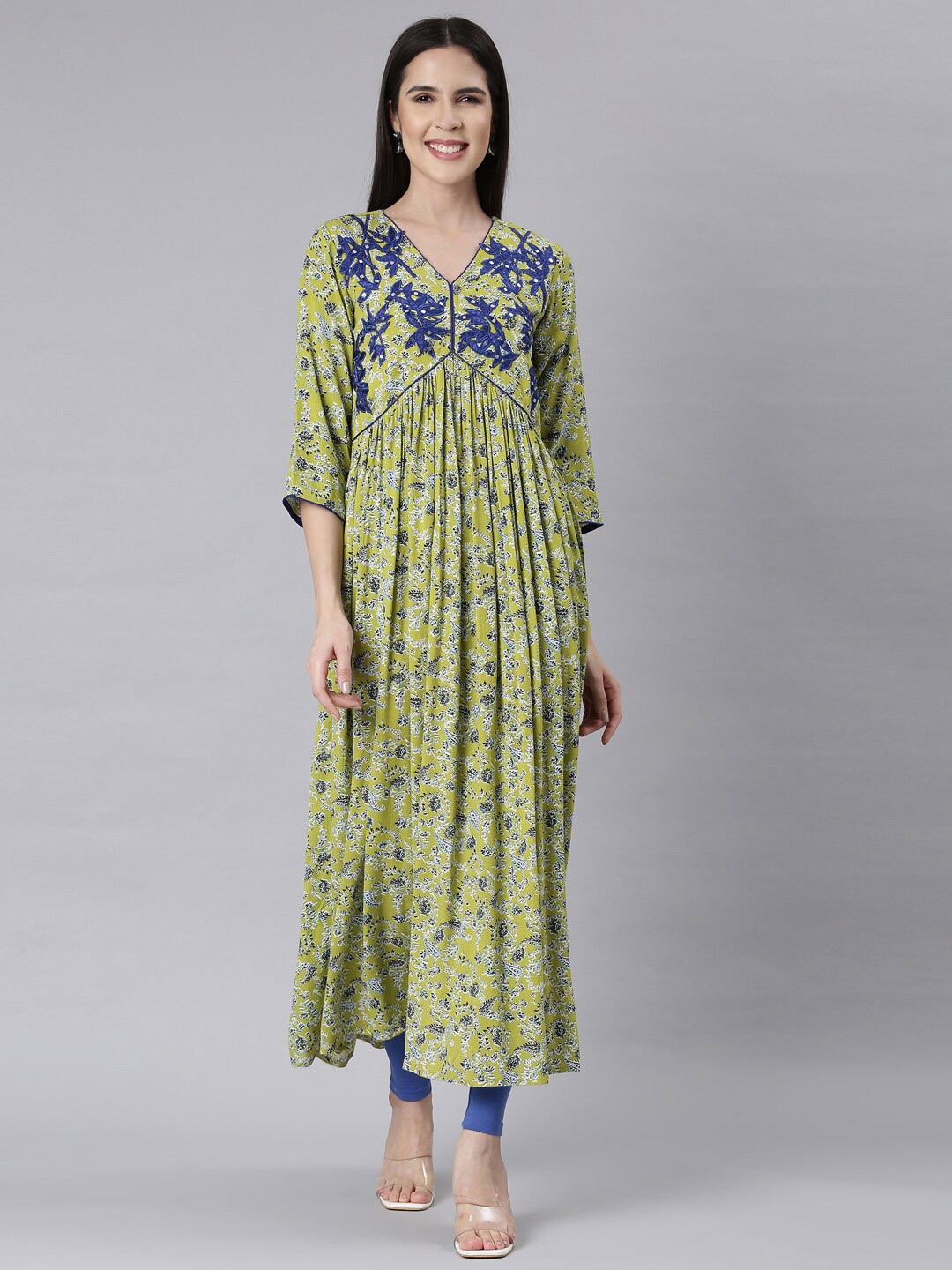 

Neerus Women Floral Print Maxi Dress, Green