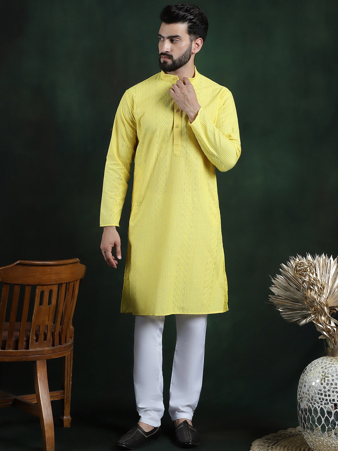 

SOJANYA Men Embroidered Regular Thread Work Pure Cotton Kurta with Churidar, Yellow