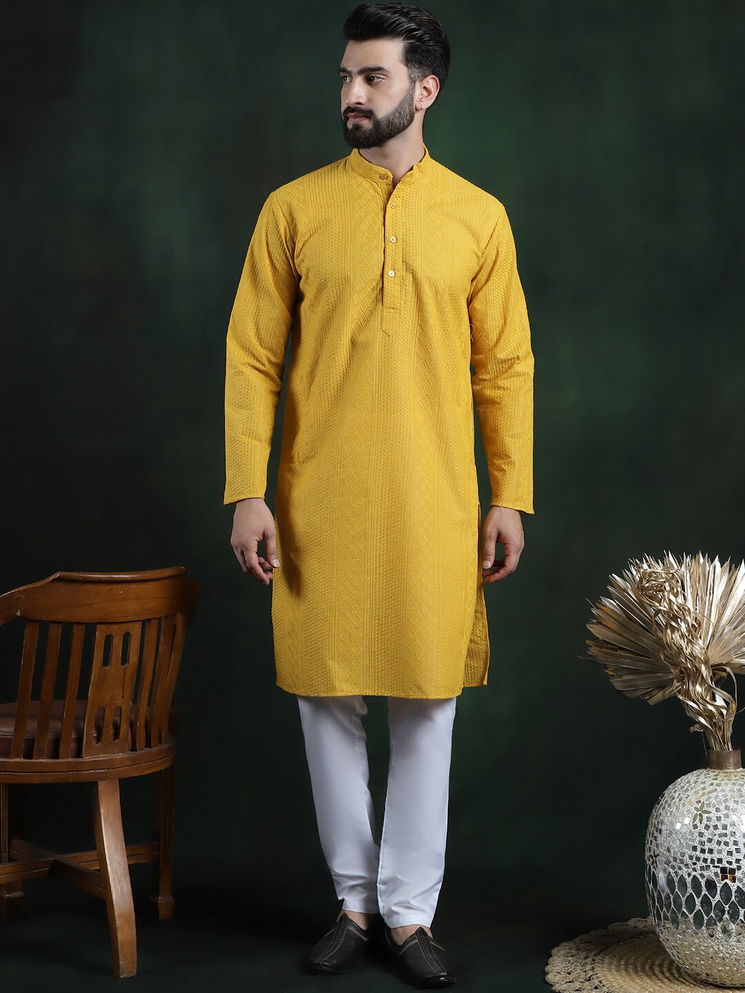 

SOJANYA Men Ethnic Motifs Embroidered Regular Thread Work Pure Cotton Kurta with Churidar, Mustard