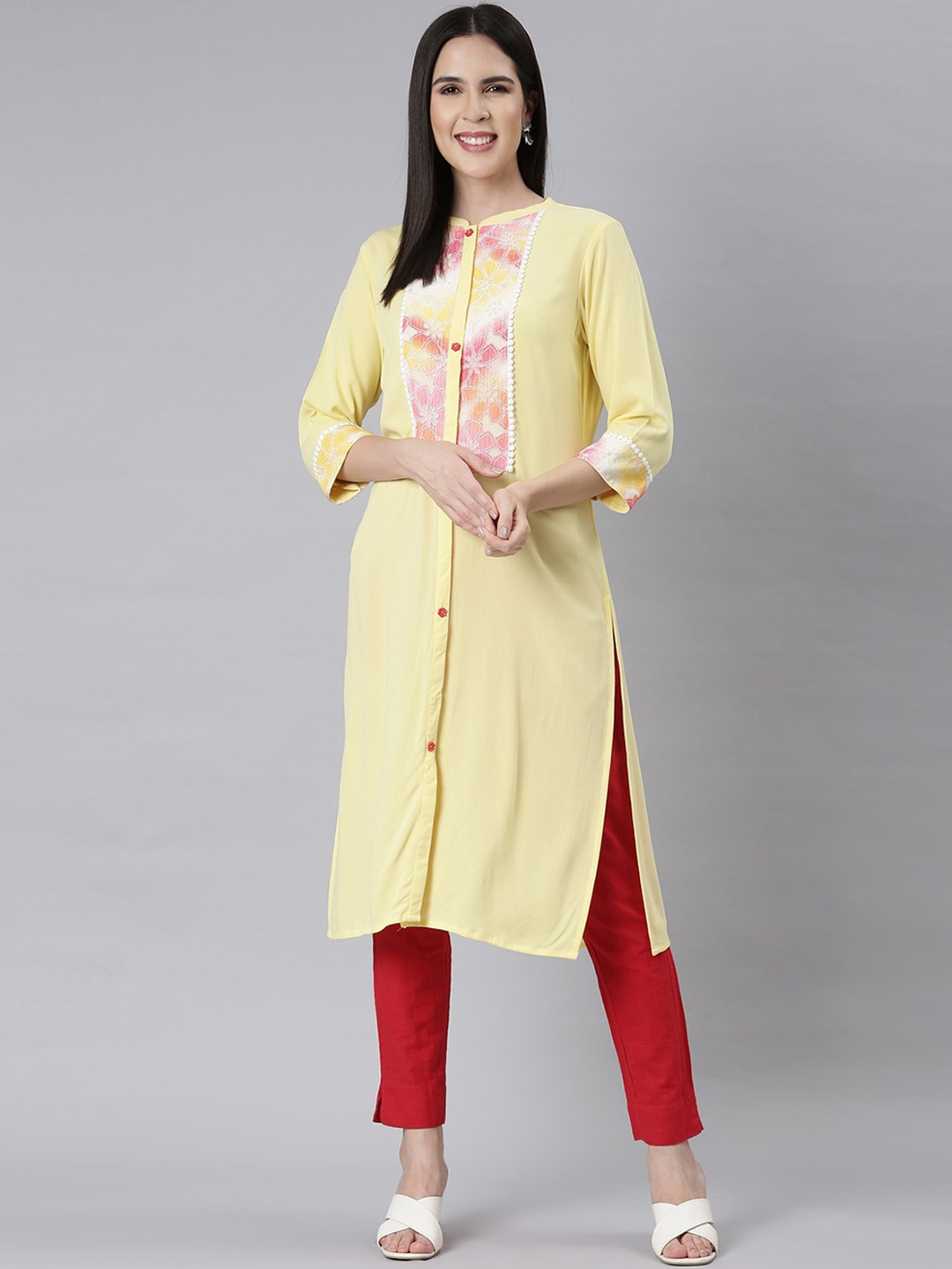 

Neerus Thread Work Round Neck Straight Kurta, Yellow