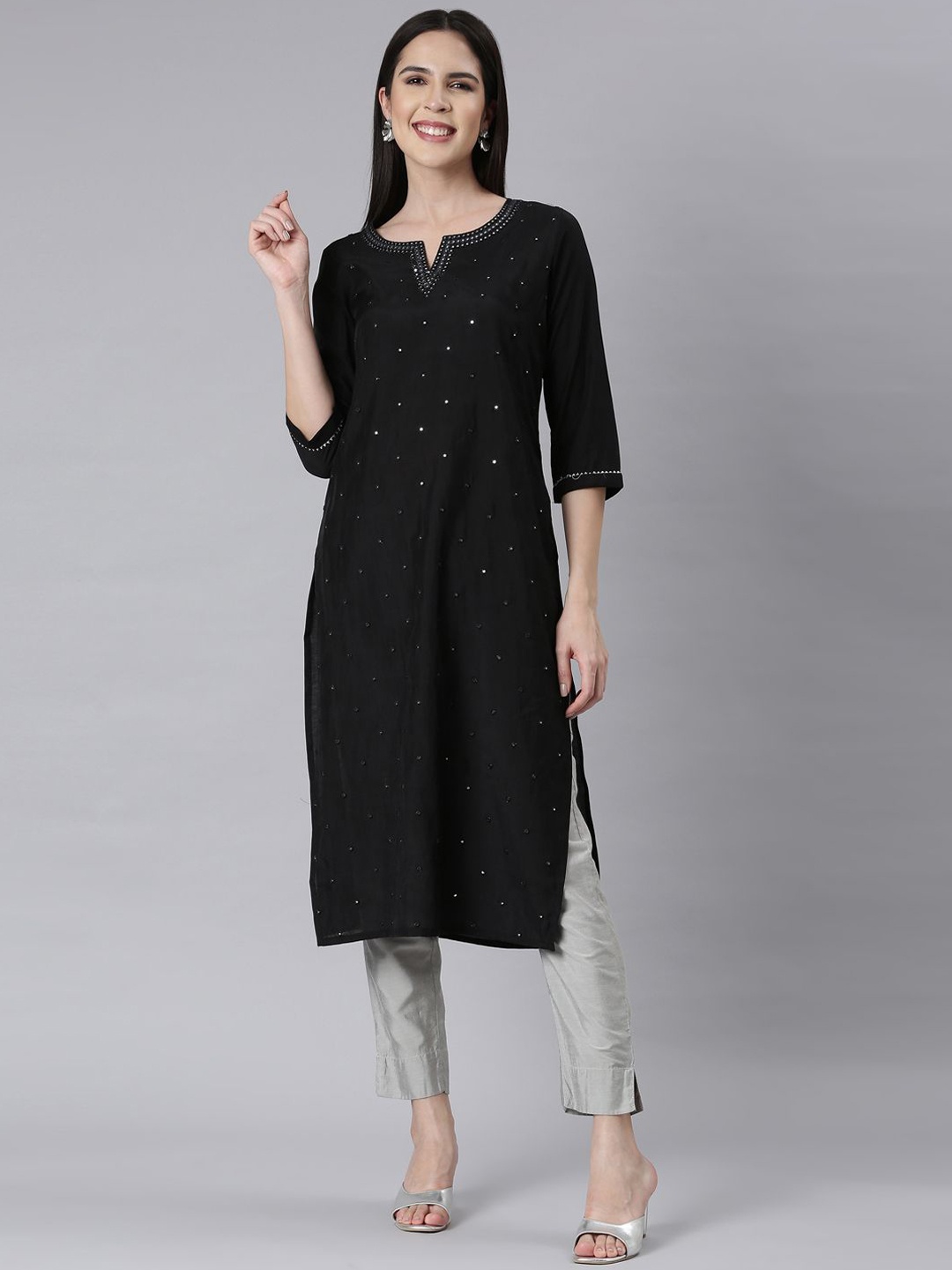 

Neerus Sequinned Embellished Notch Neck Straight Kurta, Black