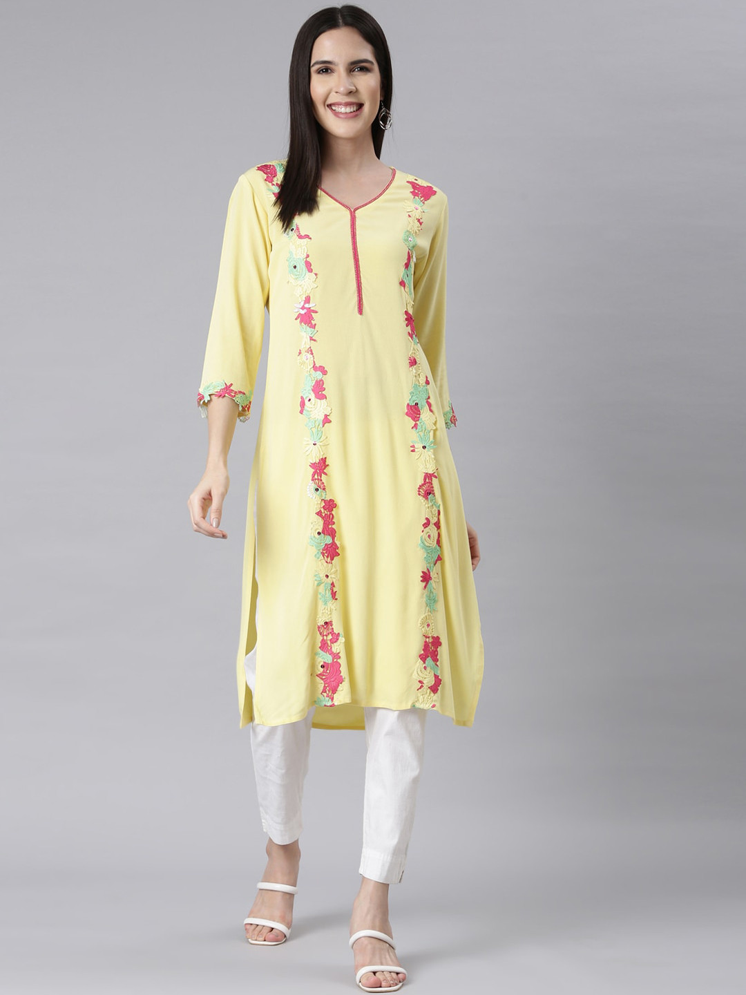 

Neerus Floral Embroidered V-Neck Thread Work Chiffon Straight Kurta, Yellow