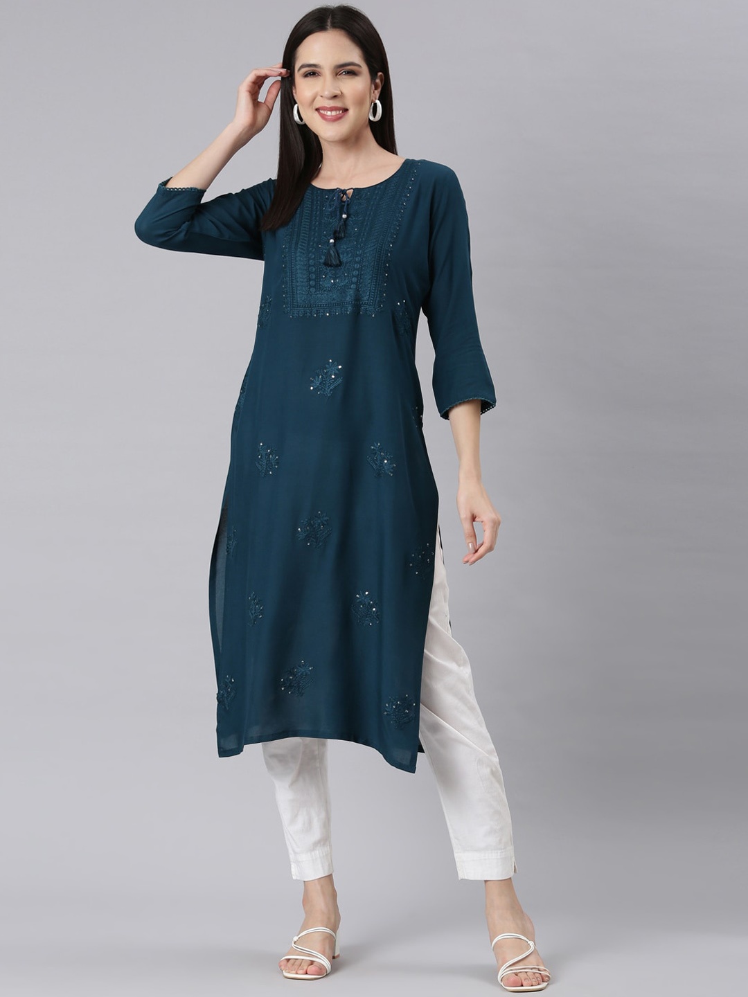 

Neerus Floral Embroidery Sequins Tie-Up Neck Straight Kurta, Blue