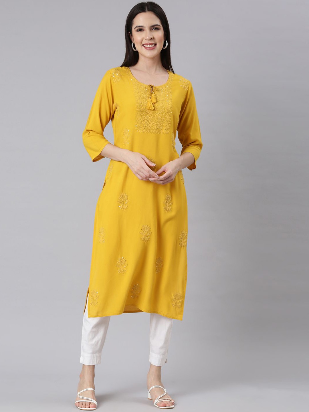 

Neerus Floral Embroidery Tie-Up Neck Straight Kurta, Mustard