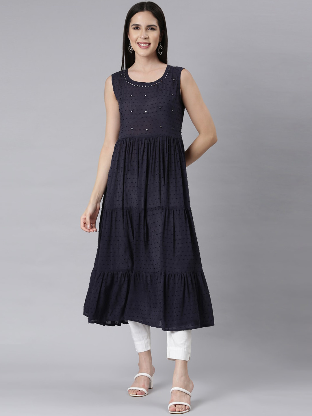 

Neerus Self Design Round Neck Sleeveless Mirror Work Cotton Anarkali Tiered Kurta, Navy blue