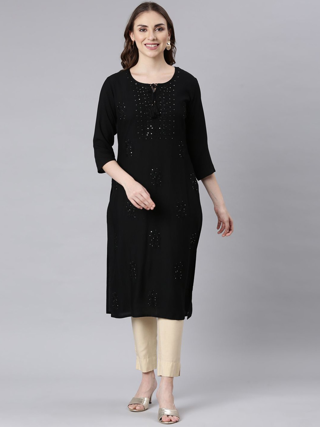 

Neerus Geometric Sequinned Tie-Up Neck Straight Kurta, Black