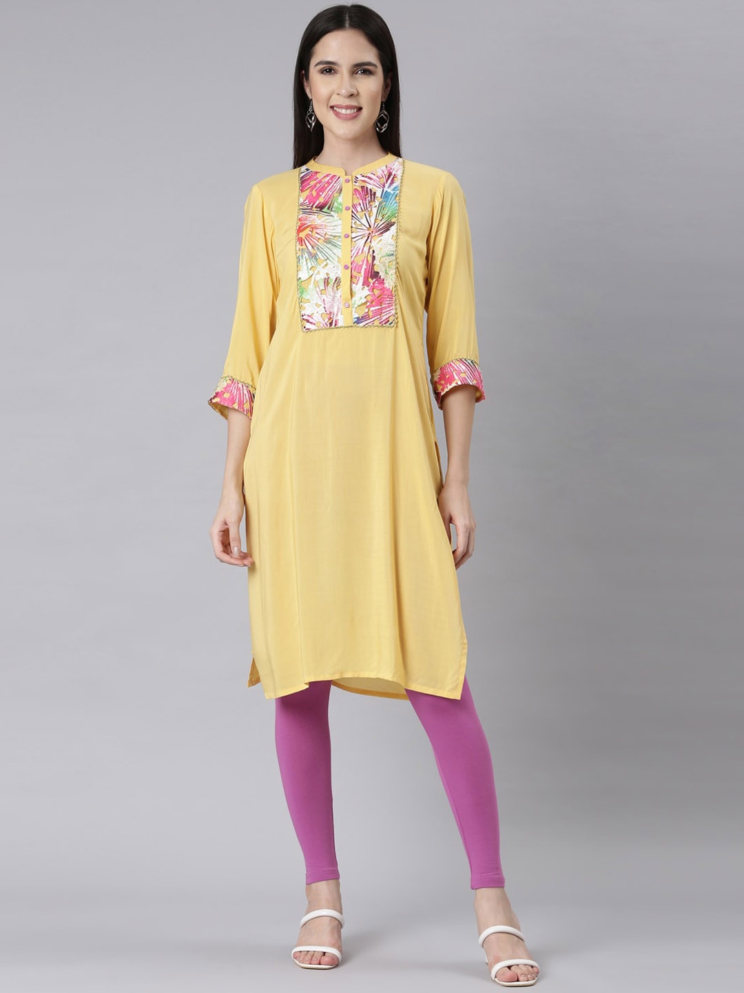 

Neerus Floral Embroidered Mandarin Collar Straight Kurta, Yellow