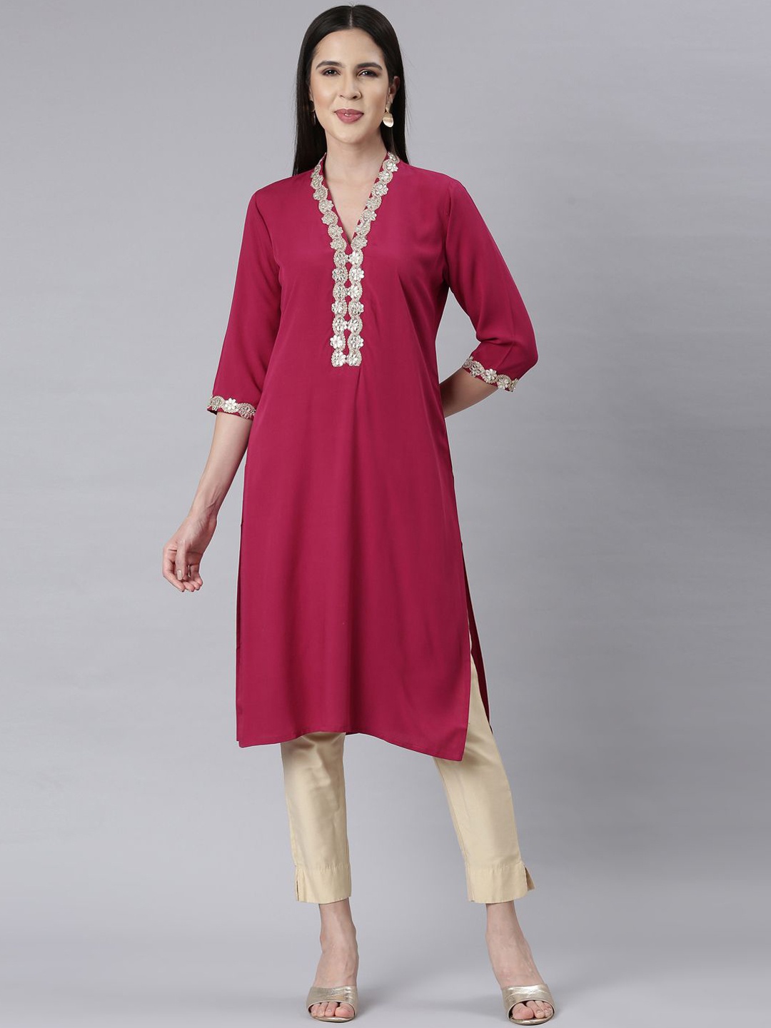 

Neerus Yoke Design Sequinned V Neck Straight Kurta, Magenta