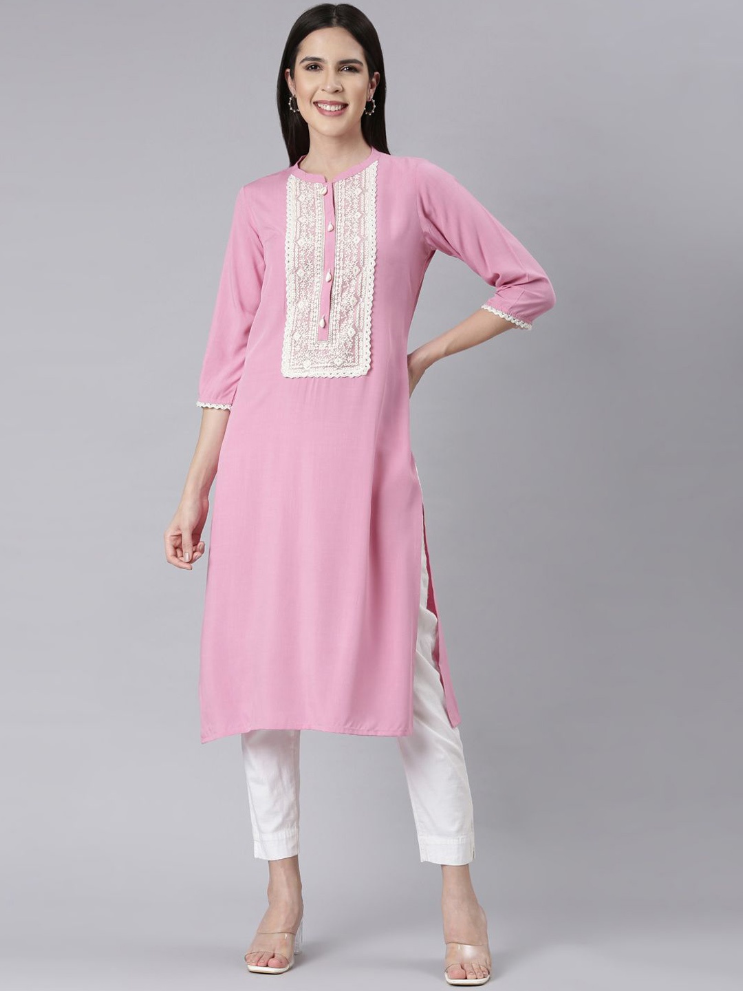 Neerus Yoke Design Round Neck Straight Kurta, Pink