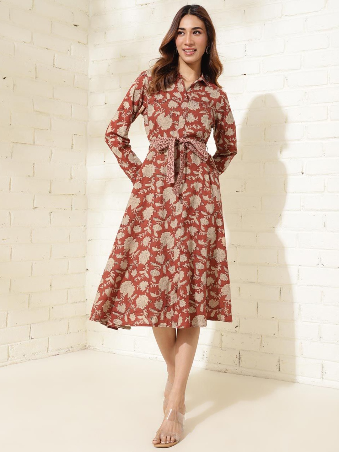 

Fabindia Floral Printed Shirt Collar Cotton A-Line Midi Dress, Red