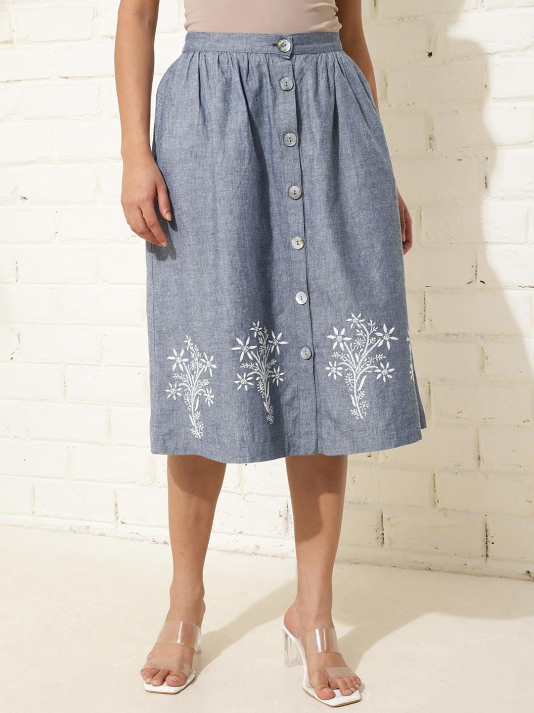 

Fabindia Women Embroidered Pure Cotton Chikankari A-Line Skirt, Blue