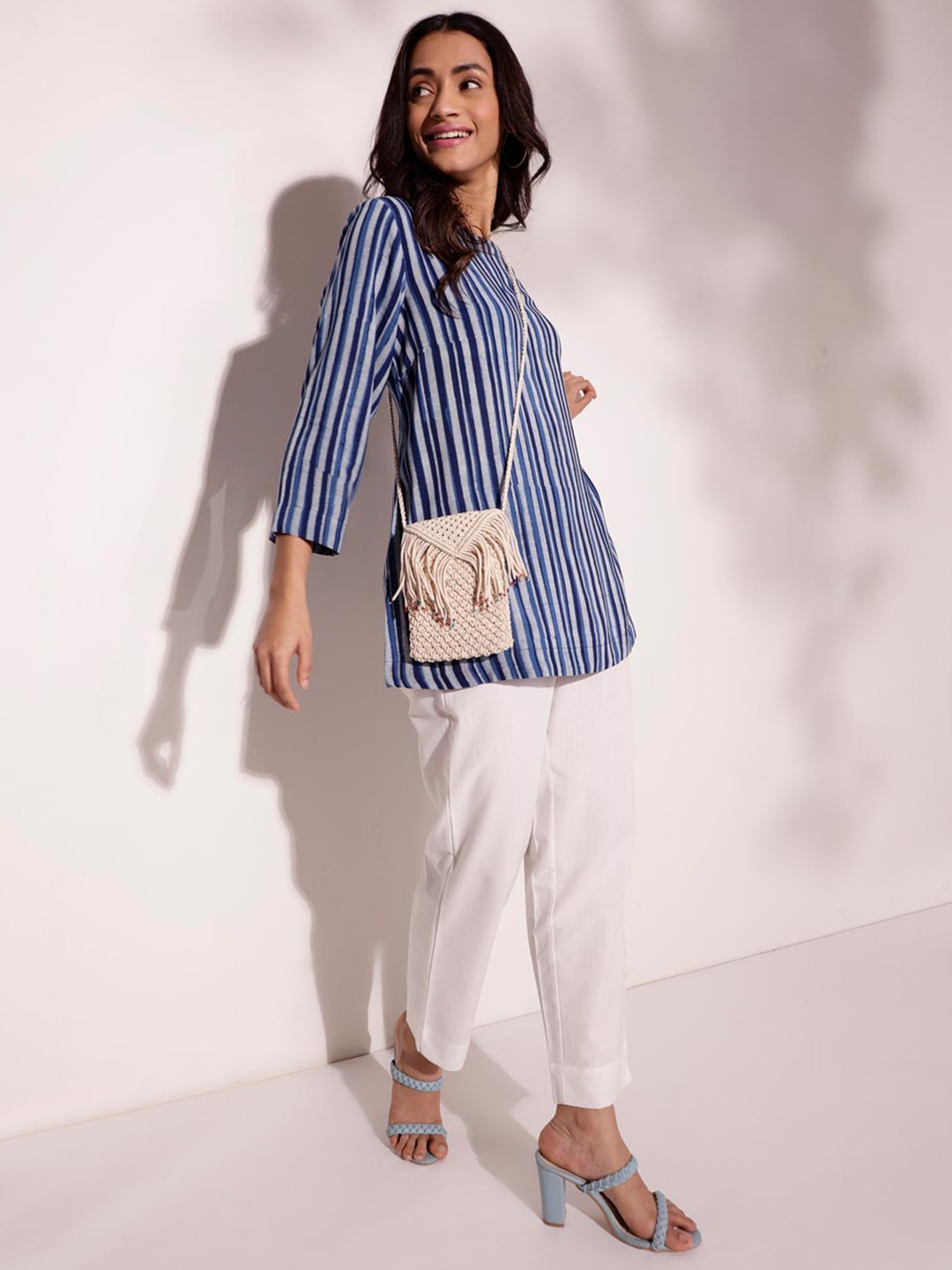 

Fabindia Boat Neck Striped Indigo Tunic, Blue