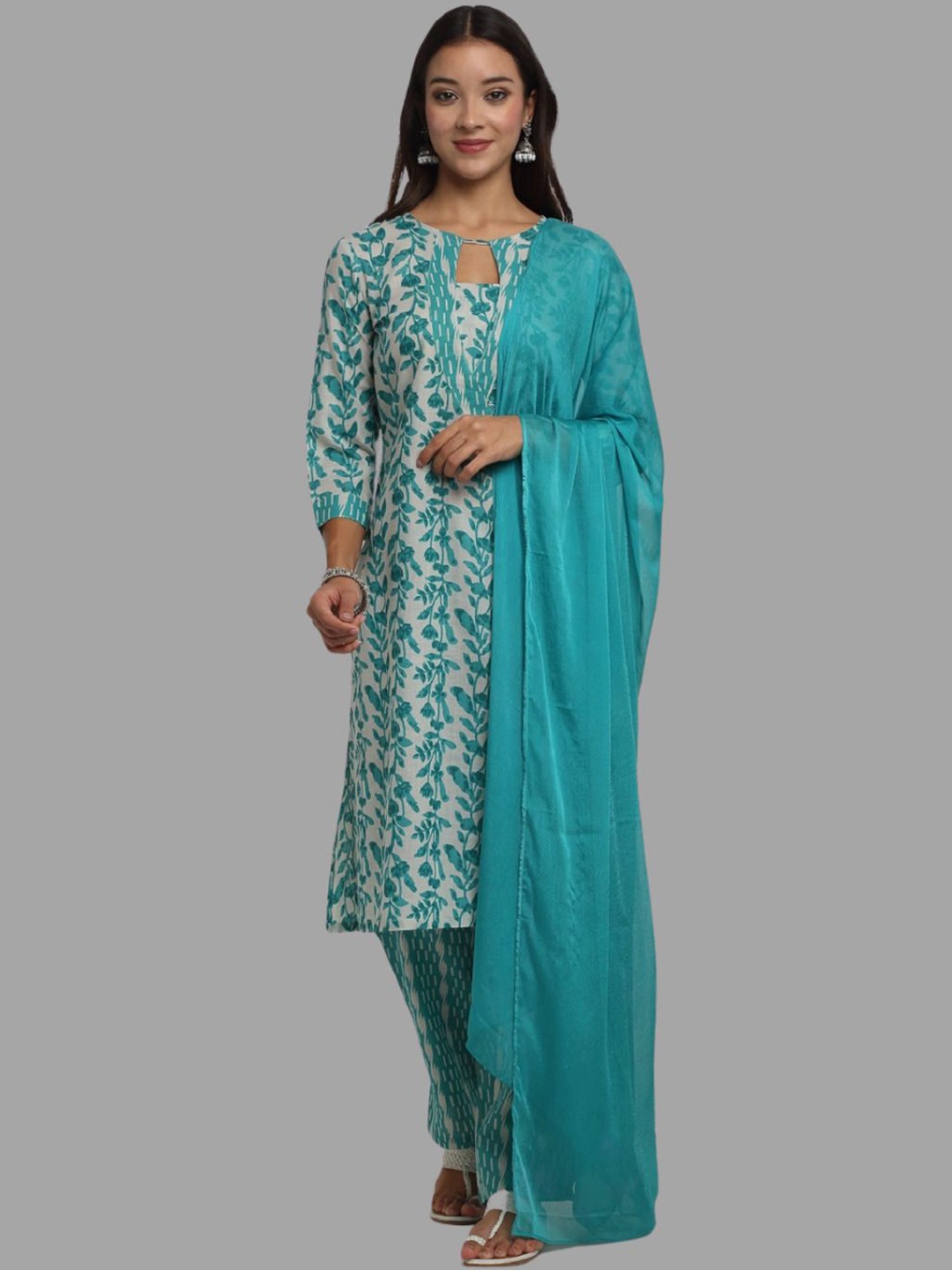 

RAISIN Floral Printed Keyhole Neck Pure Cotton Straight Kurta With Trousers & Dupatta, Blue