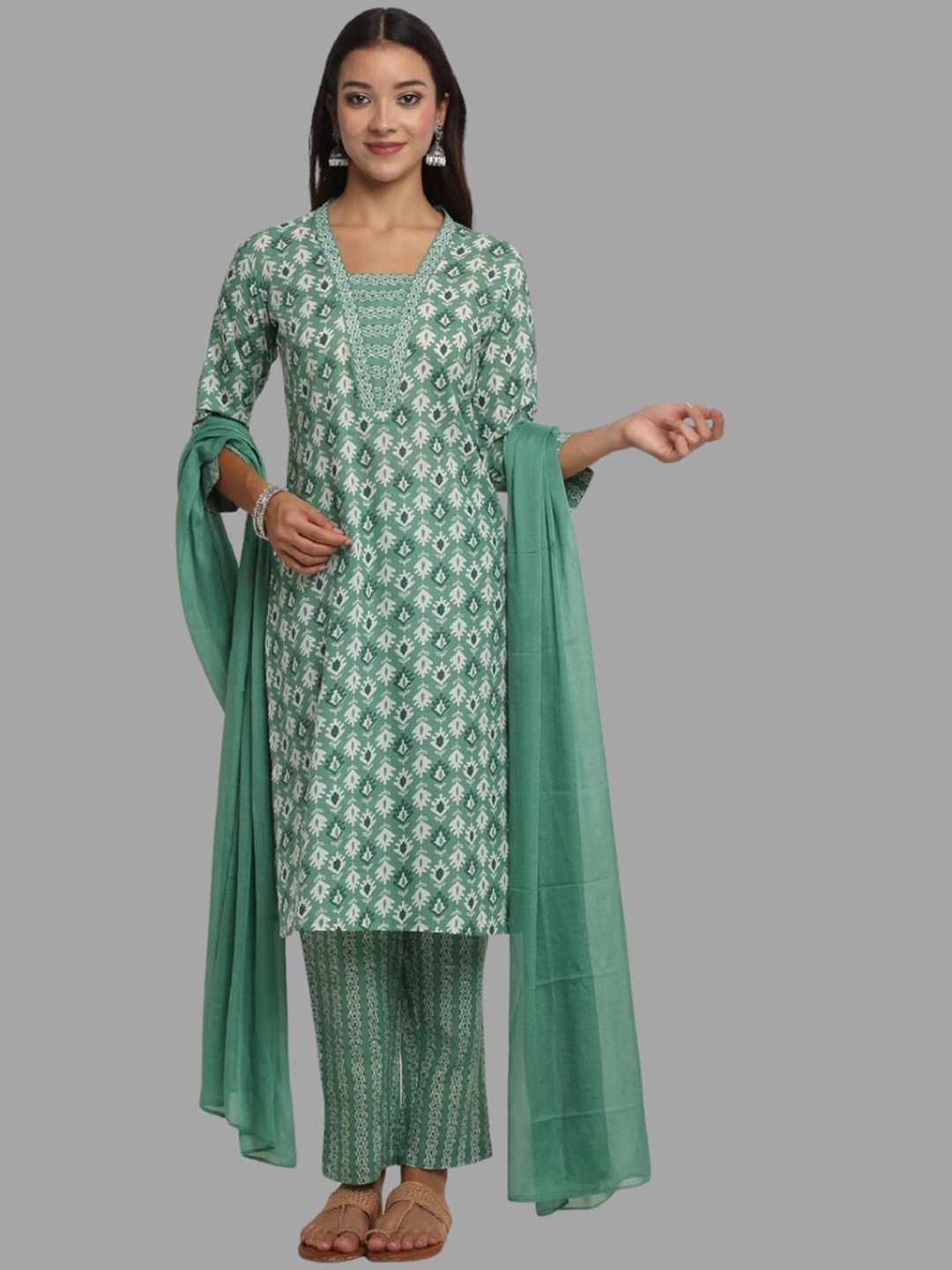 

RAISIN Ethnic Motifs Printed Pure Cotton Straight Kurta With Trousers & Dupatta, Sea green