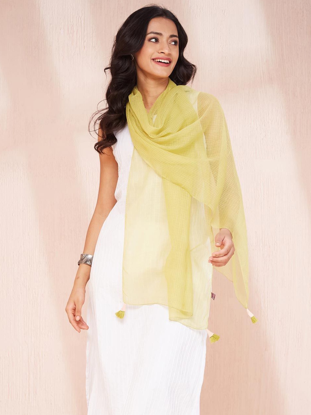 

Fabindia Tasselled Border woven Stole, Lime green