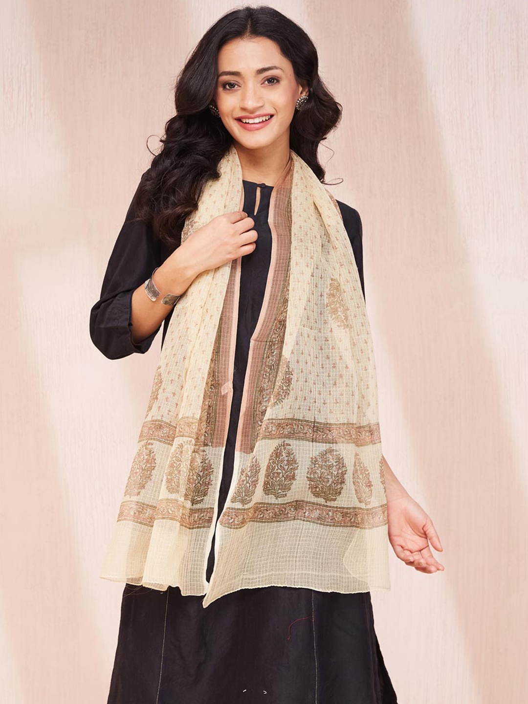

Fabindia Women Ethnic Motifs Printed Stole, Beige