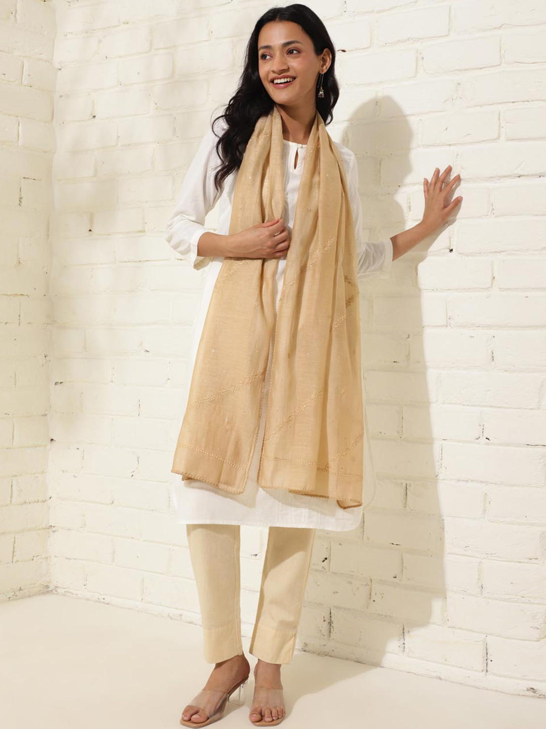 

Fabindia Women Embroidered Stole, Beige