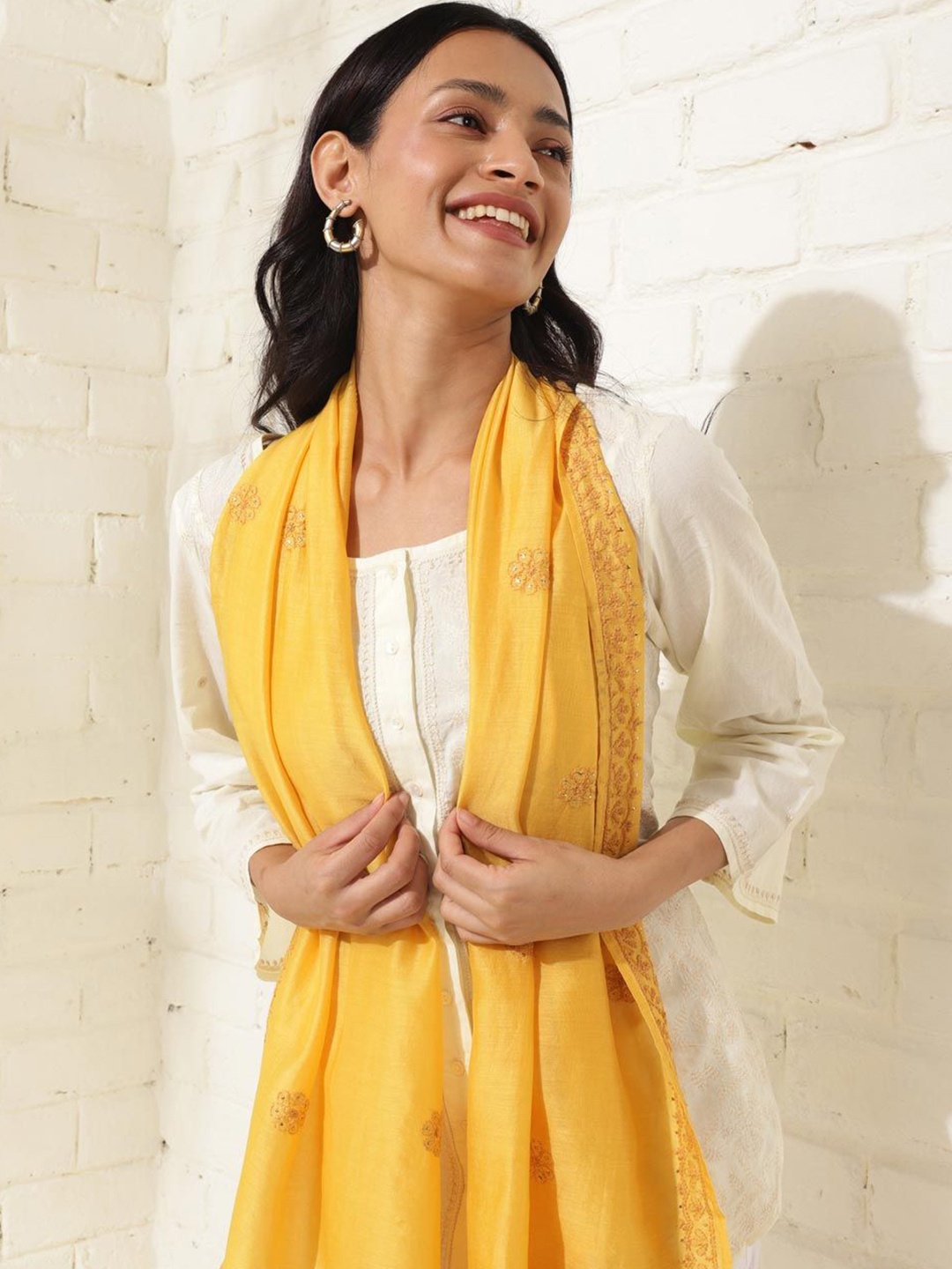 

Fabindia Women Ethnic Motifs Embroidered Stole, Mustard