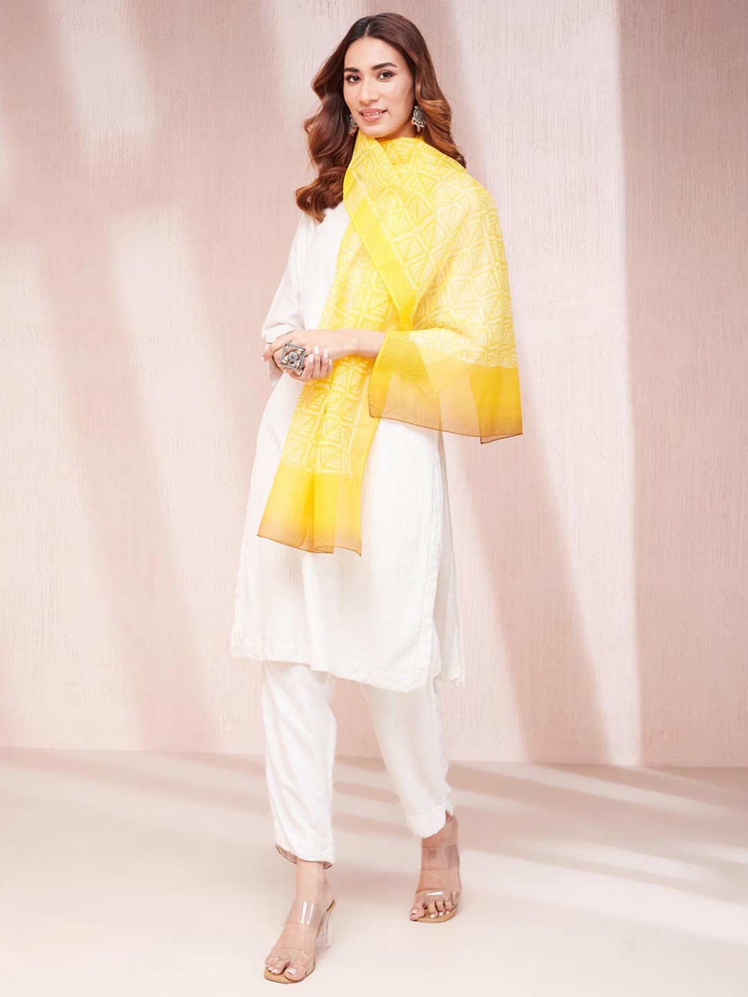 

Fabindia Printed Cotton Silk Stole, Yellow